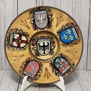 Vintage German Hand Carved Wood Wall Plate Deutschland Heraldic Crests Rhine